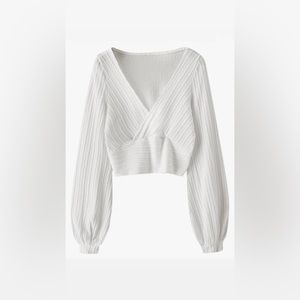 ZAFUL Pullover Ribbed Cropped Knit Drawstring Ruched Solid V-Neck Long Sleeve